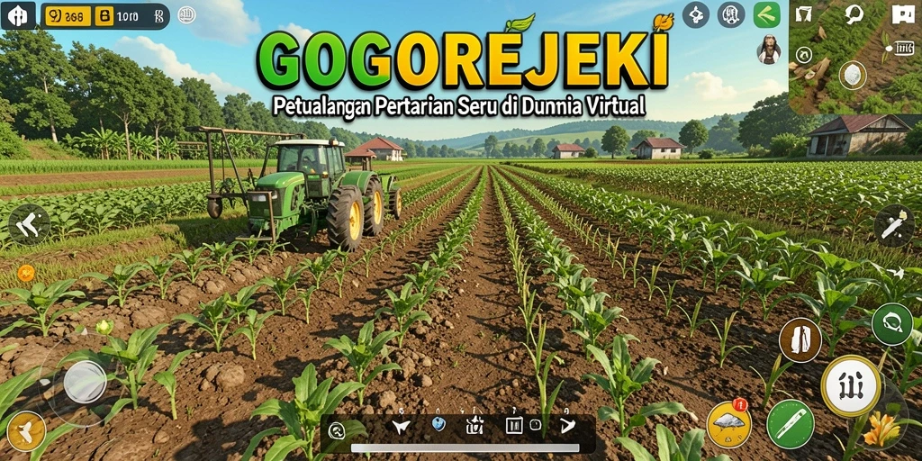 Gameplay GOGOREJEKI menampilkan kebun yang indah dan beragam tanaman.