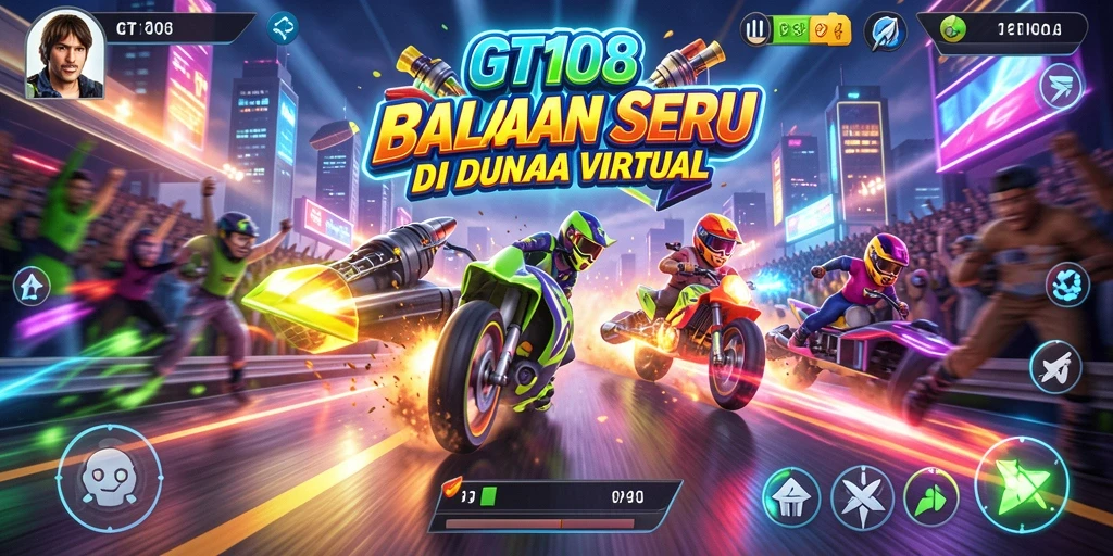 Screenshot gameplay GT108 menampilkan adrenalin tinggi dan kecepatan balap yang menegangkan.