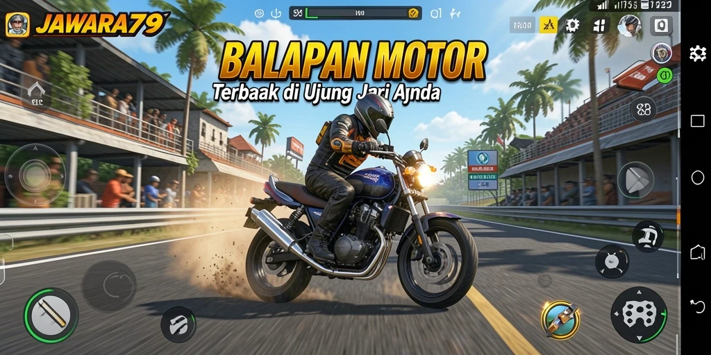 Gameplay mendebarkan di JAWARA79 dengan motor balap cepat.