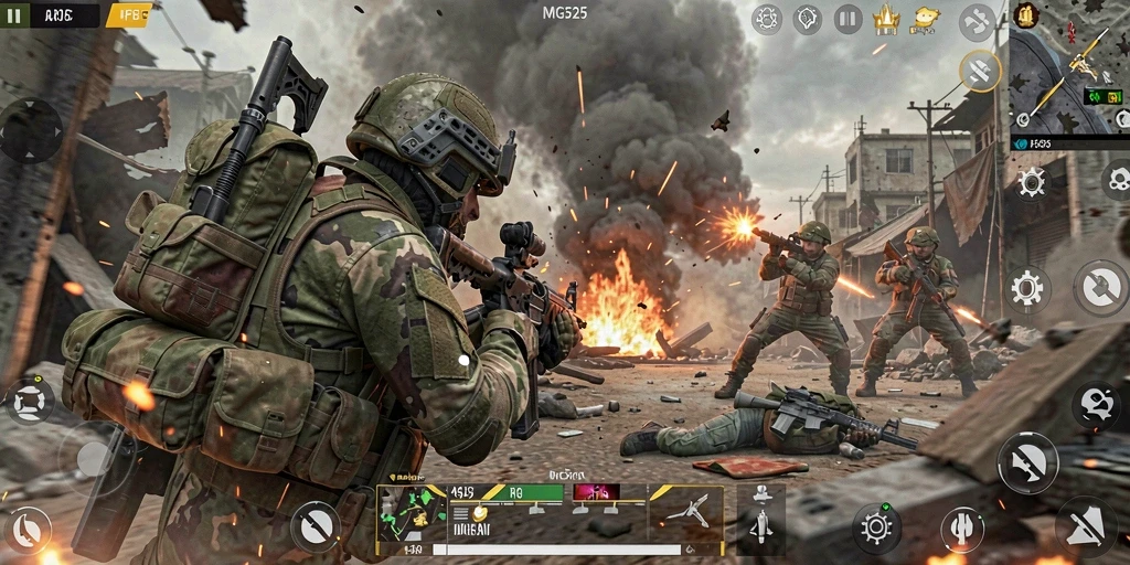 Gameplay MG525 yang menegangkan dengan aksi tembak-menembak.