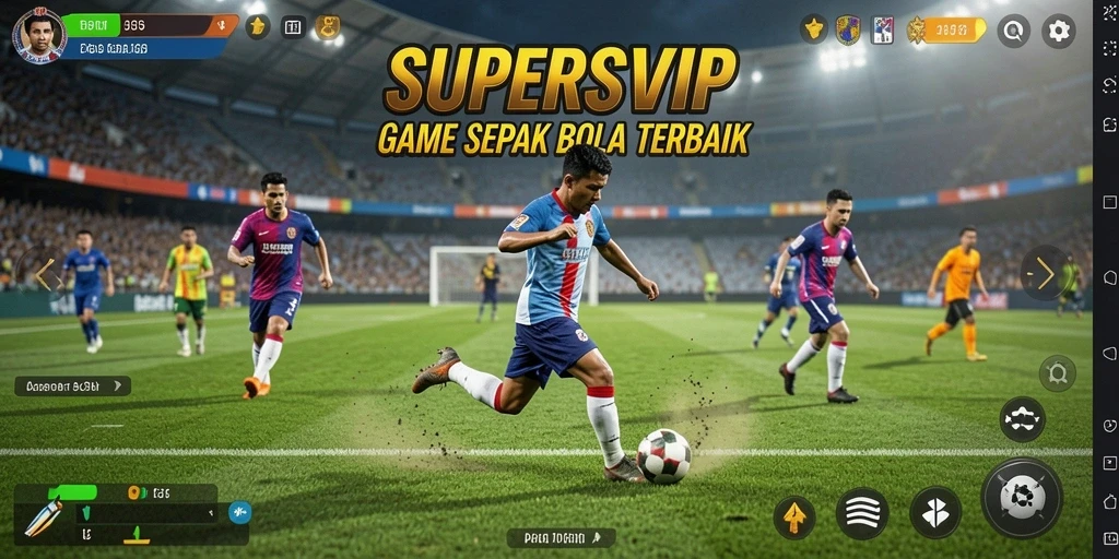 Tampilan gameplay SUPERSVIP yang menampilkan aksi sepak bola seru.
